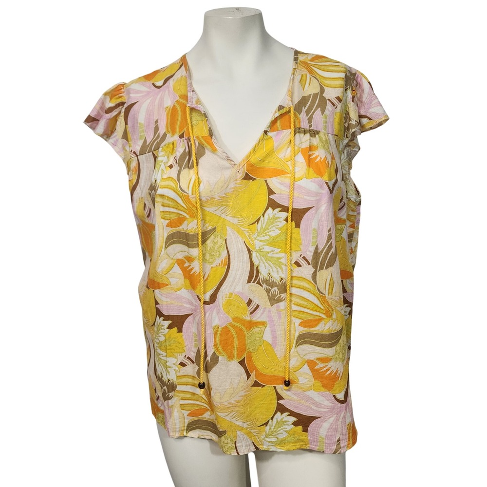 Hester & Orchard Linen cotton Floral Top XL Yellow Pink Flutter Sleeve top shirt
